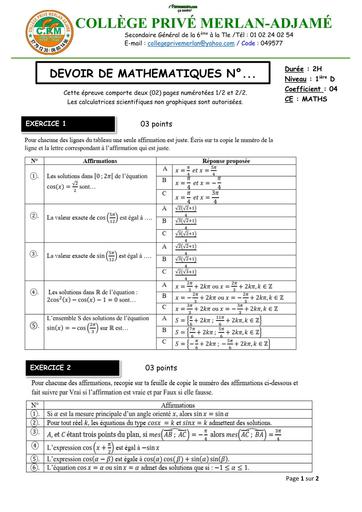 DEVOIR DE NIVEAU MATHS N°2 niveau 1ière D MERLAN NOVEMBRE 2025 (ANGLES ORIENTES ET TRIGO ) by TEHUA