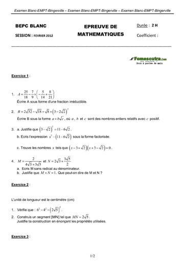 Sujet corrigé de Maths BEPC blanc 2012 EMPT Bingerville