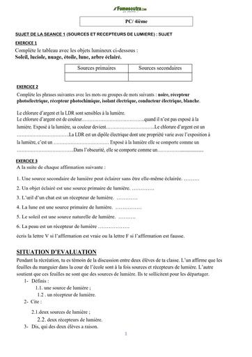 COURS DE VACANCES PC 4ième SUJET 1 (SOURCES ET RECEPTEURS DE LUMIERE) by TEHUA