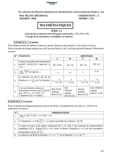 SUJET MATHS BAC BLANC A2 REGIONAL Série A2  2025 Abidjan 3 BY TEHUA
