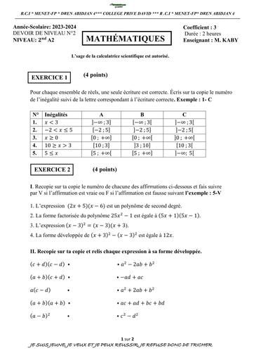 DEVOIR DE NIVEAU MATHS 2nde A2 TRIMESTRE 2 CP DAVID BY TEHUA