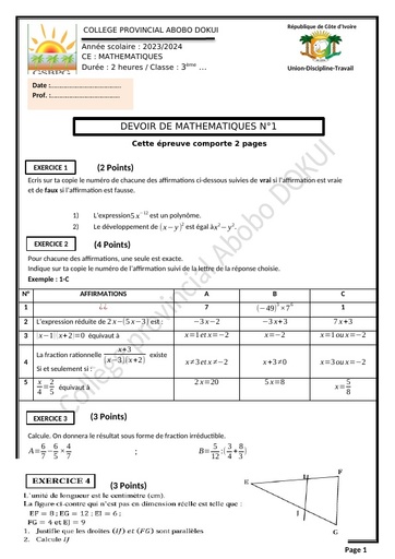 Devoir N°2 Mathematiques 3ieme collège Provincial Nov 2023 by Tehua