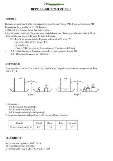 Sujet de Physique Chimie BEPC 2011 zone 1