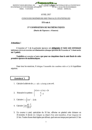 Sujet et Corrigé 1ère épreuve de maths ITS A 2017 (ENSAE - ISSEA)