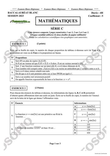 SUJET ET CORRIGE BAC BLANC 2023 MATHEMATIQUES SERIE C COTE D'IVOIRE