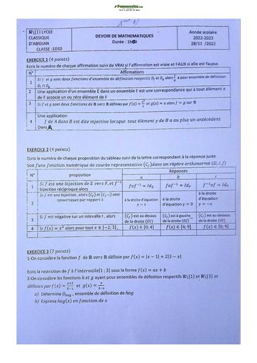 Sujet de Mathématique Première D Lycée Classique Abidjan 2023