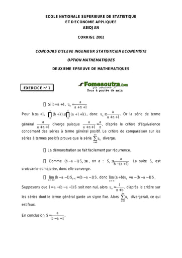 Corrigé 2ème épreuve de maths ISE option maths 2002 (ENSEA)