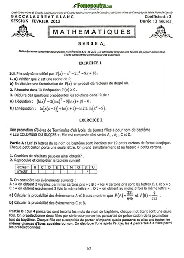 Sujet Maths BAC blanc série A1 Lycée Sainte Marie de Cocody 2013