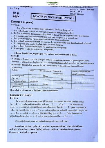 Sujet de SVT niveau Première D Lycée Classique Abidjan 22-23