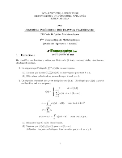 Sujet 1ère épreuve de maths ITS B option Maths 2009 (ENSEA)