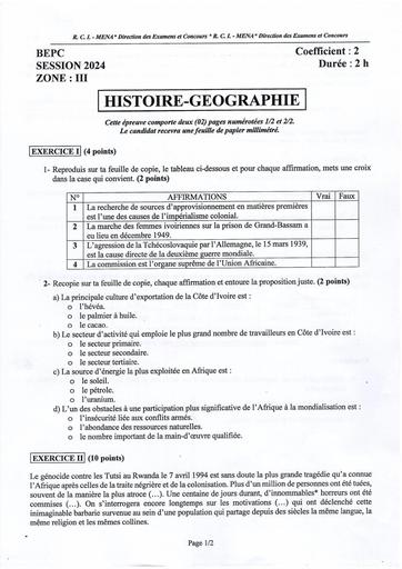 BEPC 2024 HISTOIRE GEOGRAPHIE + barème ZONE 3 by Tehua