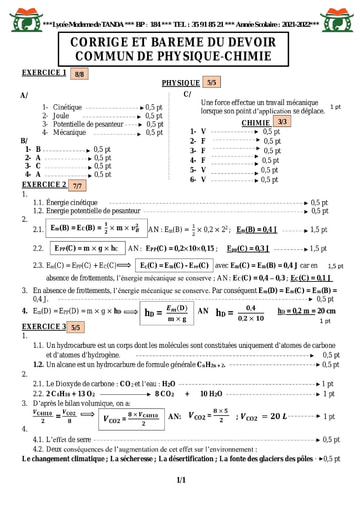 CORRIGE ET BAREME DEVOIR DE CLASSE PC 3ème 2021 2022