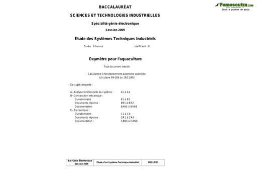 Présentation du sujet Oxymètre pour l’aquaculture - Étude des Systèmes Techniques Industriels - BAC 2009