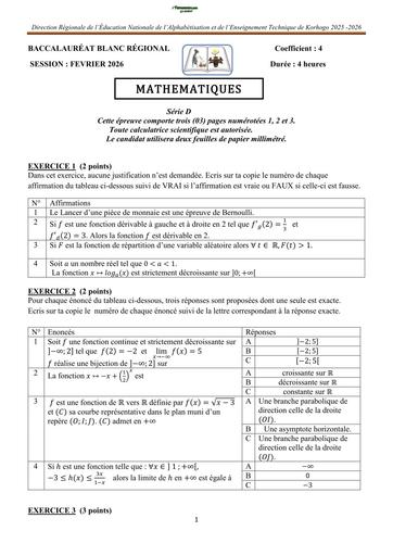 4 SUJETS +BAREMES MATHS Tle D (EXAMEN BLANC REGIONAL 2026) by TEHUA
