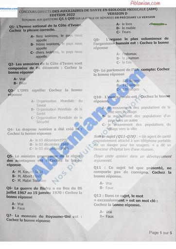 Sujet des Auxiliaires de Biologie Medical 2022 by TEHUA