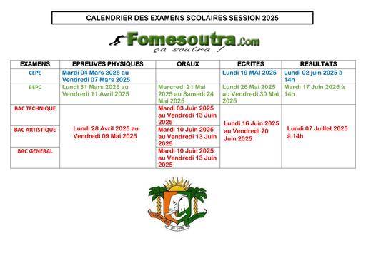 Calendrier des examens scolaires 2025