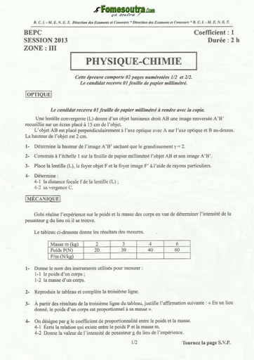 Sujet de Physique Chimie BEPC 2013 zone 3