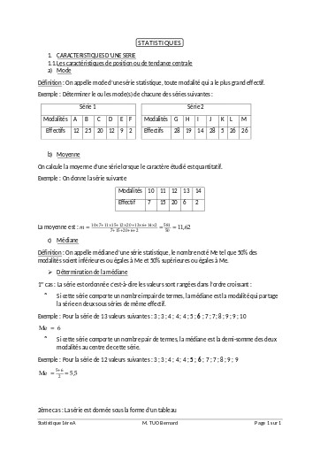 Cours de maths 1ière A statistiques By TEHUA