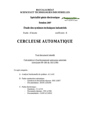 Présentation du Sujet Cercleuse automatique - Étude des Systèmes Techniques Industriels - BAC 2007