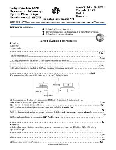 CollègePLFapo Informatique 1èreCD Eval3 2021