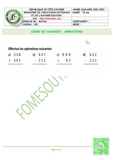 FICHE 1  MATHS CE1 OPERATIONS by TEHUA