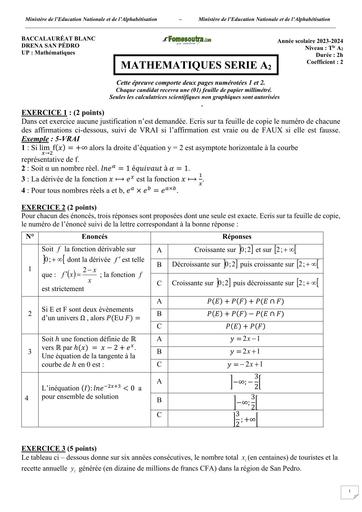 BAC BLANC San pedro 2024 Maths SERIE A2 by Tehua