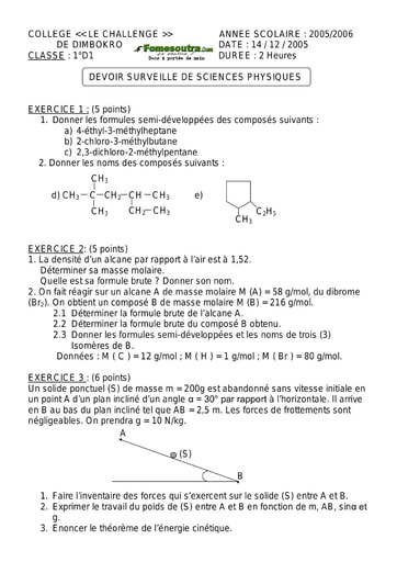 Devoir (1) de Physique-chimie 1ère D Challenge de Dimbokro