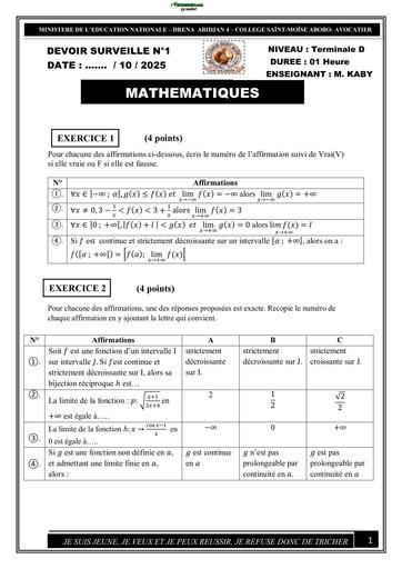 Sujet Tle D devoir Maths Tle D 2025 2026 Saint Moïse abobo By Tehua