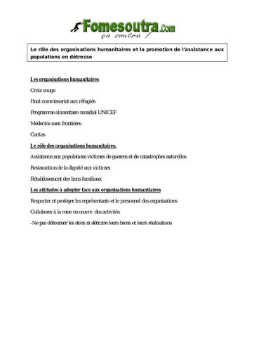 Le rôle des organisations humanitaires et la promotion de l’assistance aux populations en détresse