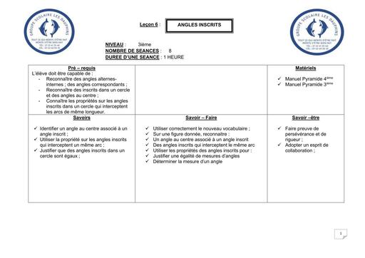 FICHE DE COURS SUR Angles Inscrits NIVEAU 3ième by N'DRE Yves