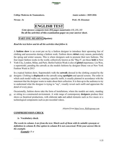 DEVOIR D'ANGLAIS NIVEAU 3ième 2026 FASHION SHOW by TEHUA