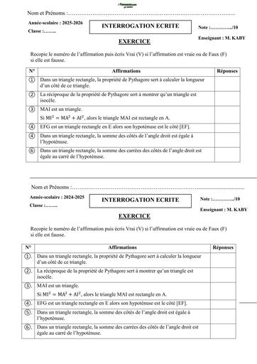 INTERROGATION ECRITE MATHS NIVEAU 3ième (triangle rectangle) 2025 2026 by TEHUA