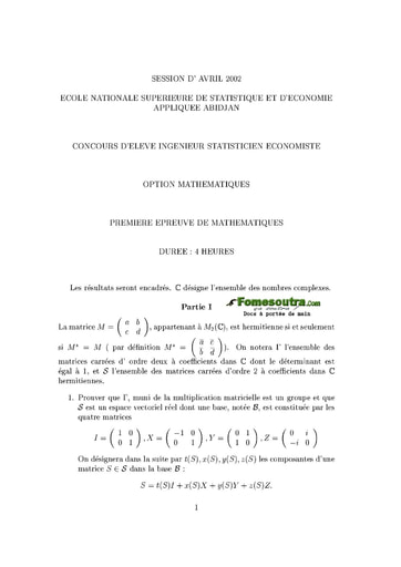 Sujet 1ère épreuve de maths ISE option maths 2002 (ENSEA)