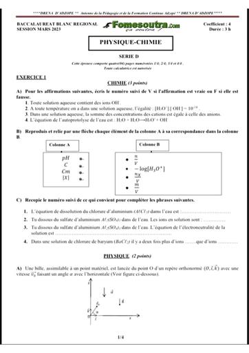 Bac blanc 2023 PC série D dren Adzopé sujet+barème by Tehua