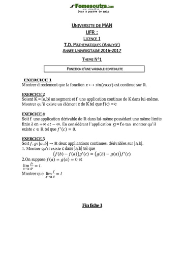 Sujet (TD) d'Analyse UFR Licence 1 - Université de Man