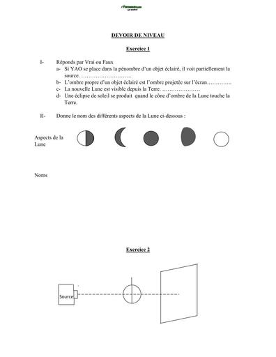 DEVOIR DE PC NIVEAU 4ième sources de lumière 2026 BY TEHUA