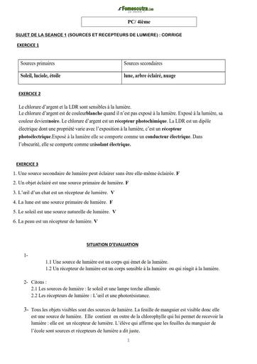 COURS DE VACANCES PC 4ième CORRIGE SUJET 1 (SOURCES ET RECEPTEURS DE LUMIERE) by TEHUA