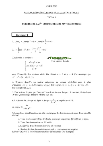 Corrigé 1ère épreuve de maths ITS A 2010 (ENSAE - ISSEA)