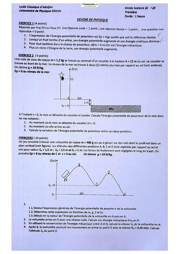 Sujet de Physique-Chimie Niveau Première D Lycée Classique Abidjan 22-23