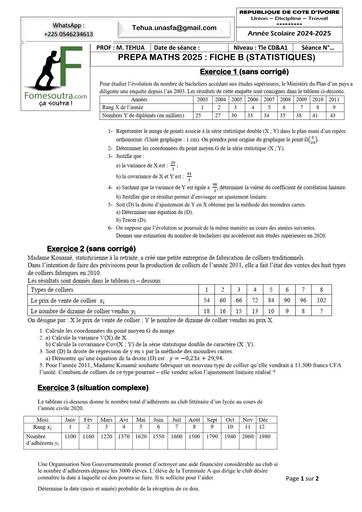 PREPA BAC 2025 MATHS SERIE CD&A1 FICHE B1 (STATISTIQUES)  AVRIL 2025 BY TEHUA