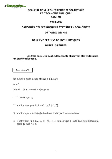 Sujet 2ème épreuve de maths ISE option économie 2003 (ENSEA)