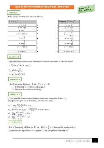 Fiche Travaux dirigés 1iere D Dérivation by TEHUA