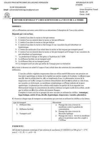 Sujet 2nde C Devoir SVT 2nde C plantes Notre Dame des Lagunes by Tehua