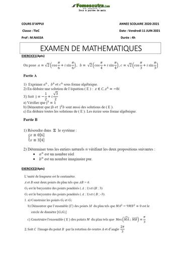 Devoir de Mathématiques Terminale C 2020-2021