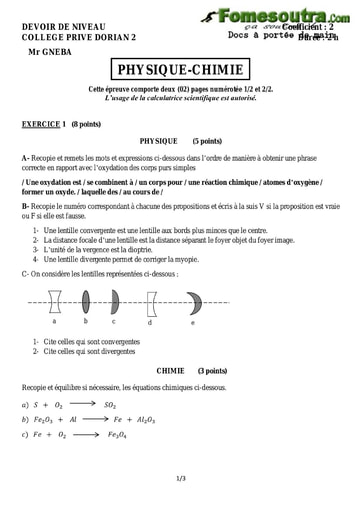 Devoir de Physique-Chimie Collège Privé Dorian 2