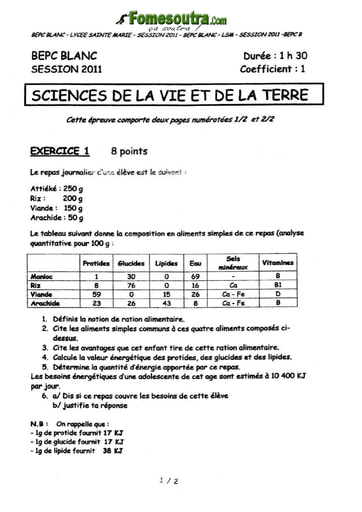 Sujet de SVT BEPC blanc 2011 Lycée Sainte Marie de Cocody