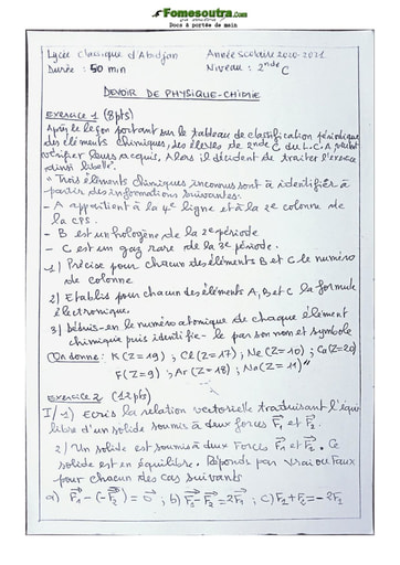 Devoir Physique chimie 2nde C Lycée classique 2021