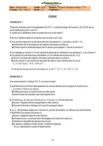 Sujet de Physique Chimie BAD D ( Remplacement 1er tour) 2014 - Burkina Faso