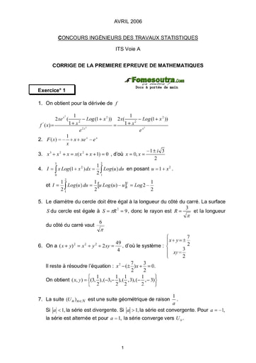 Corrigé 1ère épreuve de maths ITS A 2006 (ENSAE - ISSEA)