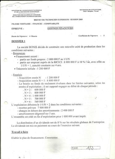 Examen BTS tertiaire 2009 gestion financière FC